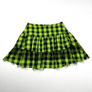 Y2K Emo Electric Slime Green and Black Plaid Checkered Tiered Ruffle Mini Skirt